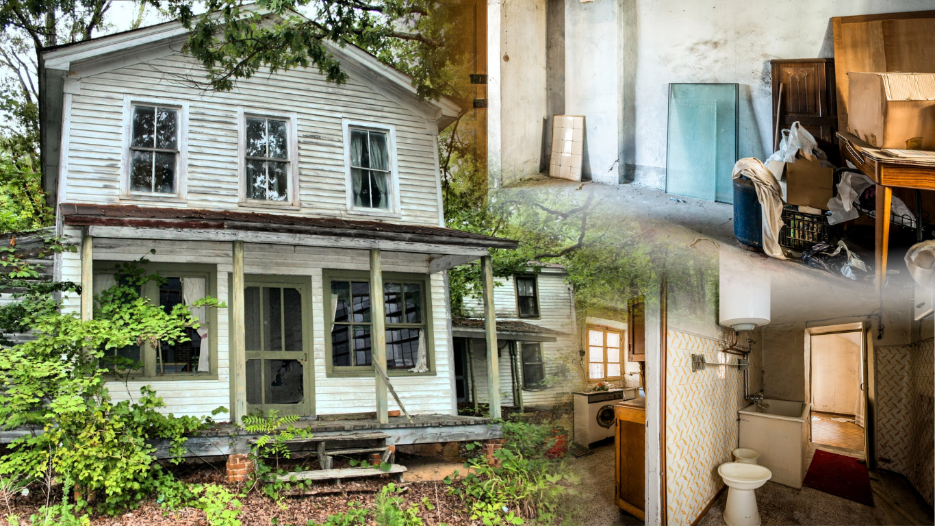 An abandoned probate home with overgrown grass and minor damages, highlighting the importance of regular maintenance.