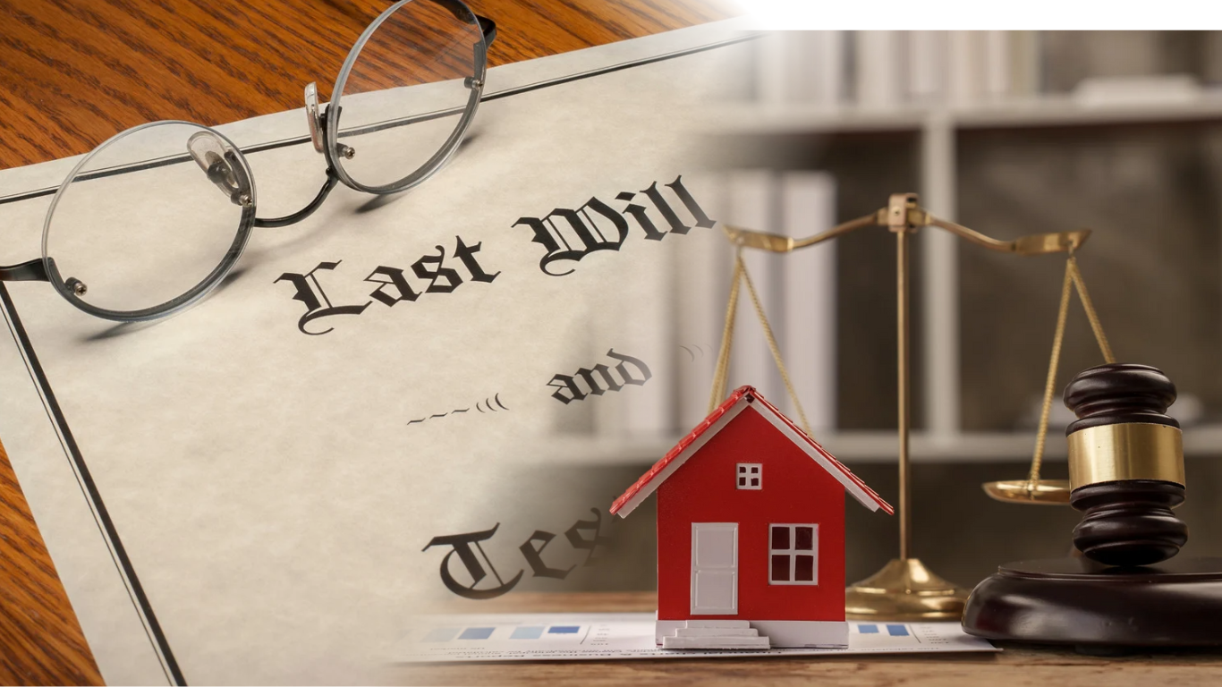 A visual representation of a probate court document with a house and a gavel, illustrating the legal aspect of real estate inheritance.